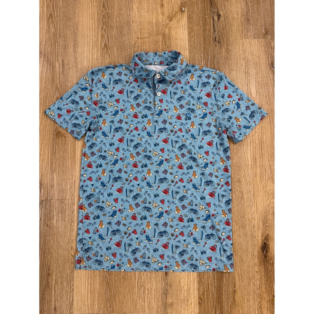 Southern Tide Polo Shirt Boys XL Blue Beach Print Performance Stretch Preppy